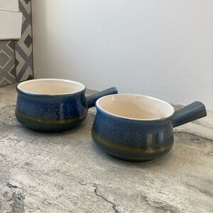 Set of 2 Blue Ceramic Soup Bowls with Handles Onion Rustic Vintage Warm Decor